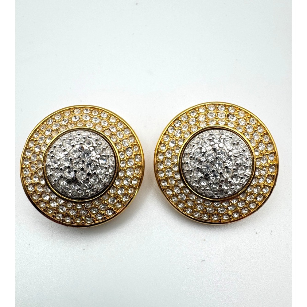 Vintage Swarovski Earrings Pavé Button Gold Tone Two-Tone Clip On
